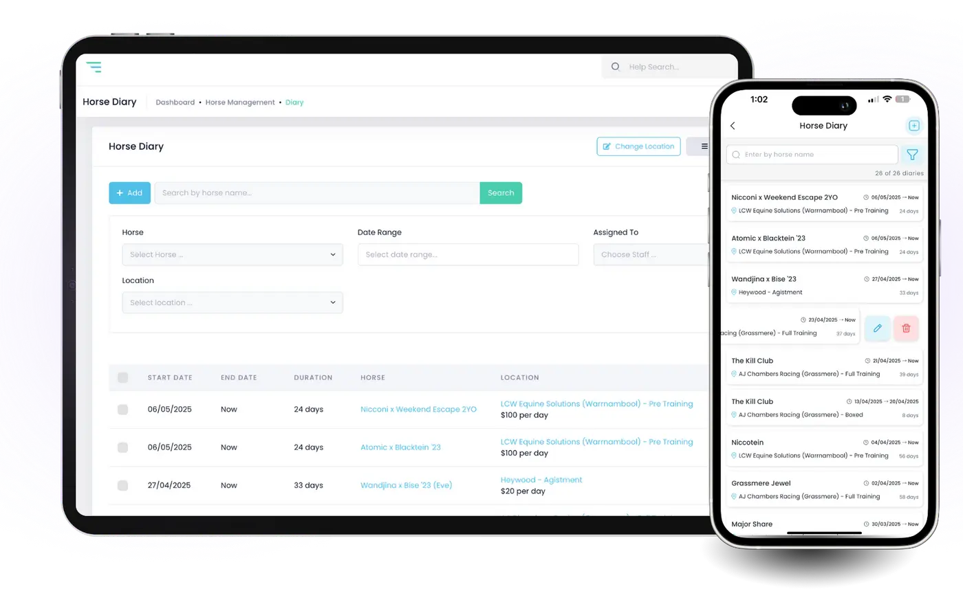 miStable Horse Diary on desktop and phone: each horse's location and assigned staff by date