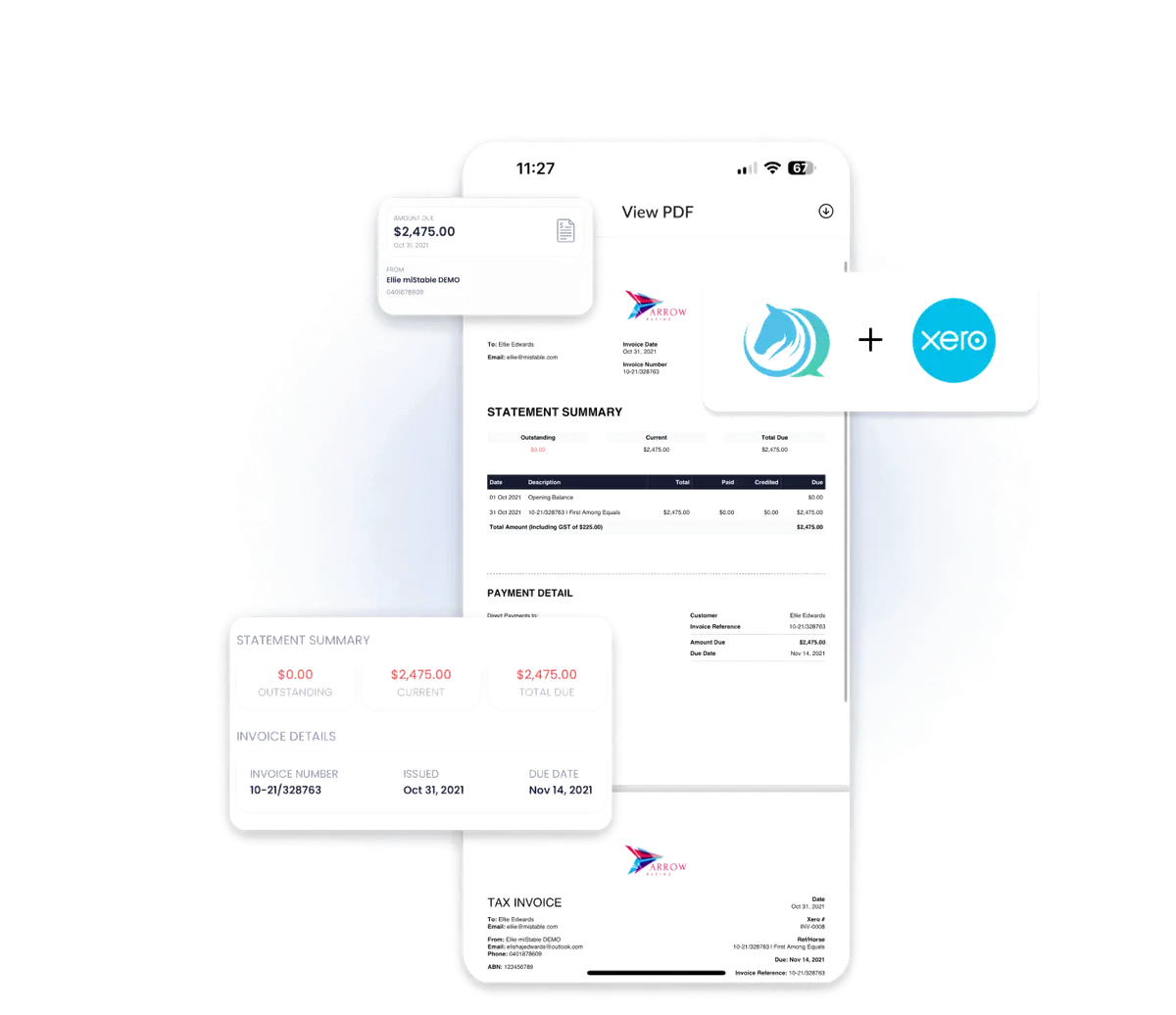 A miBilling statement and tax invoice on phone and paper, with the miStable and Xero marks