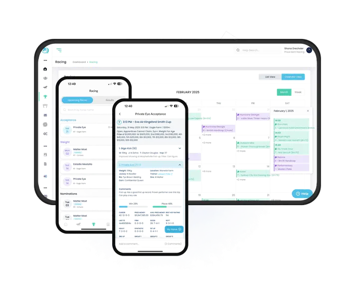 The miStable Racing tab on desktop and phone: the stable's nominations, acceptances and results in a calendar